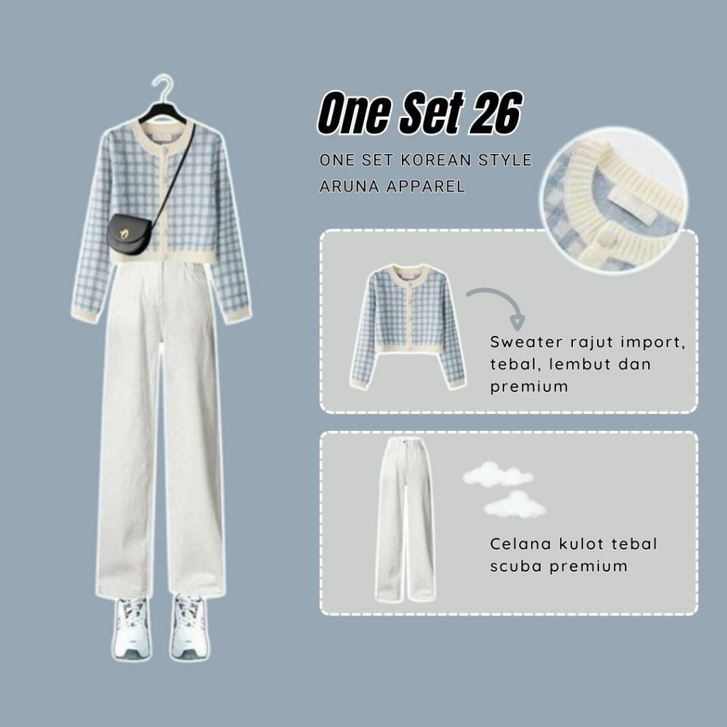 dreamyootd Set Outfit Korea wanita, outfit ulzzang, ootd Korea wanita, Korean style (Sweater Blue Se