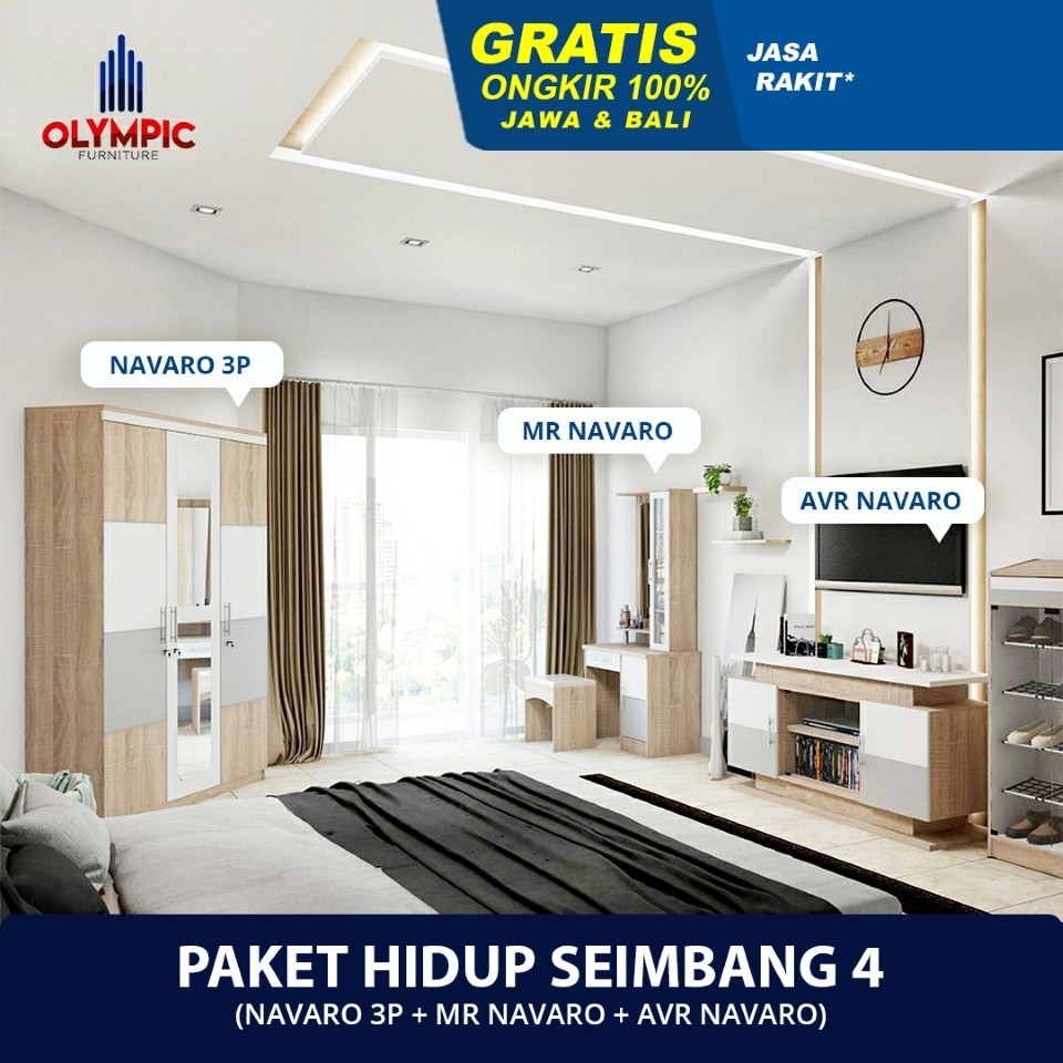 Olympic Paket Hidup Seimbang 4 – Lemari Baju 3 Pintu 1 Pcs + Meja Rias 1 Pcs + Rak TV 1 Pcs