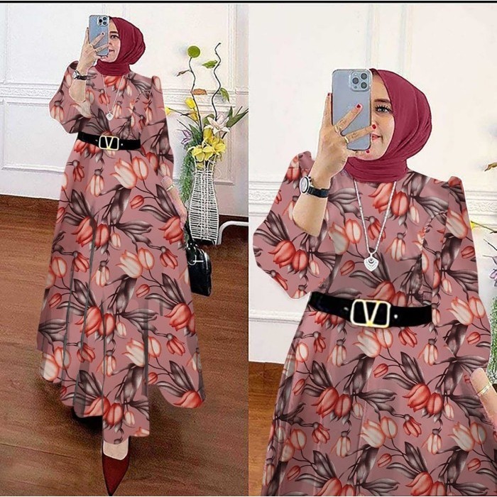 Maxi Dress Muslim Gamis Wanita Muslimah Motif Bunga Outfit Free Belt Original terbaru Murah Termurah Import terlaris Trendy kekinian