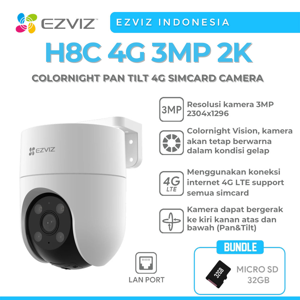 EZVIZ H8C 4G 3MP 2K COLORNIGHT PAN TILT 4G SIMCARD ALL OPERATOR CAMERA FREE MICRO SD 32GB