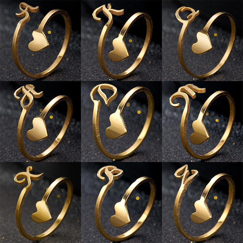 Rinhoo Stainless Steel Initial A-Z Letters Open Adjustable Rings For Women Men Fashion Letter Name R