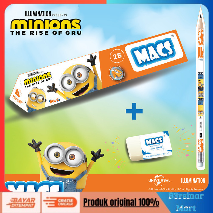 

[[KUALITAS TERBAIK]] Basic Bundle Pensil 2B hitam segitiga Macs Minions + Penghapus Eraser COD