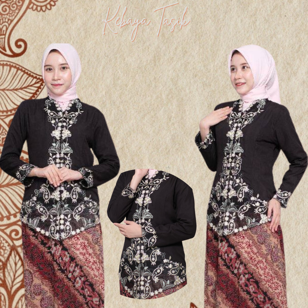 Kebaya Encim Bordir Warna Hitam Lengan Panjang Modern Premium Jumbo