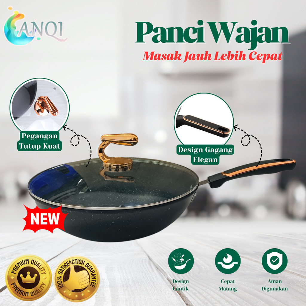 ANQI SHOP Wajan Teflon PREMIUM Kokoh Anti Lengket Double Bottom Super Tebal / Wok Pan Ukuran 32cm VS