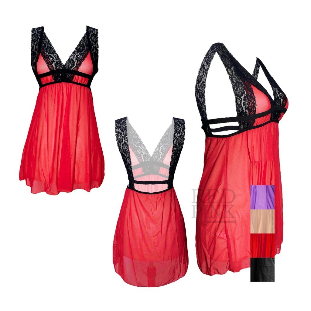 HEMAT` [ RedPink ] Dress Lingerie Big Size Gaun Malam Transparan Women Girl Dewasa Cutting Renda