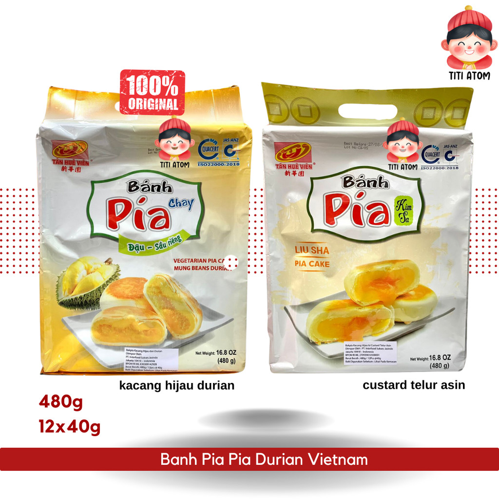 Banh Pia Durian Vietnam 480g 12x40g Mung Beans Kacang Hijau Custard Telur Asin