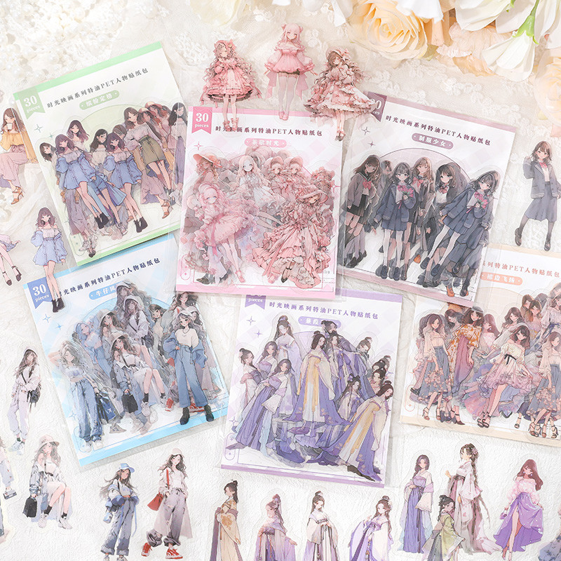 

Yoofun 30pcs/pack Kawaii Girl PET Stickers DIY Scrapbooking Decor Photo Album Creative Stationery Collage Junk Journal Labels