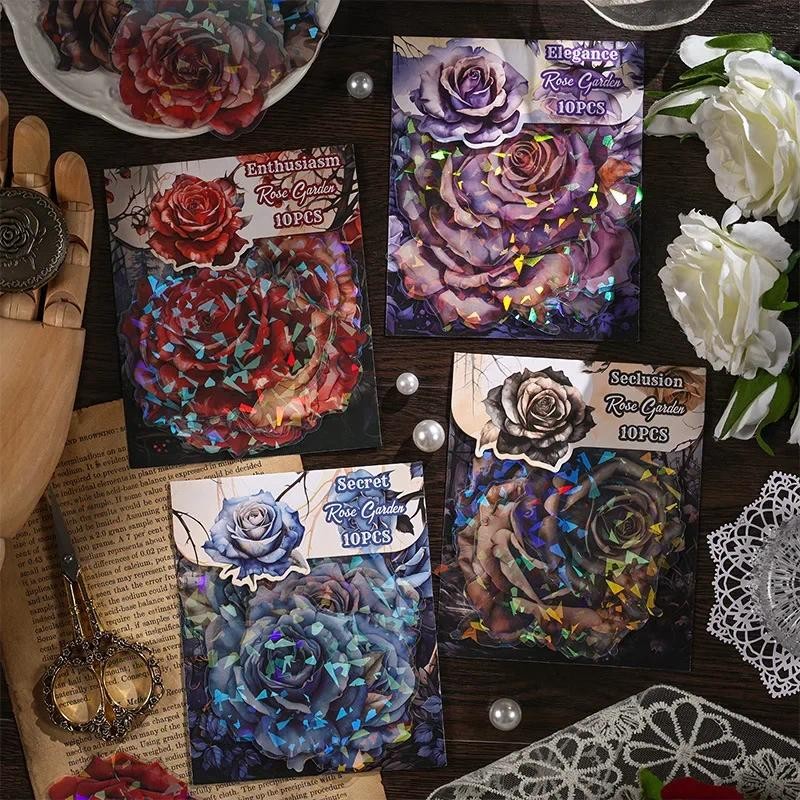 

Journamm 10patterns/pack PET Rose Decor Stickers Laser Coating Aesthetics Materials Collage DIY Scrapbooking Waterproof Sticker