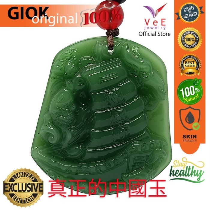 Kalung Liontin Batu Giok Asli Cina Ukiran Perahu Ikan Hitam - VeE