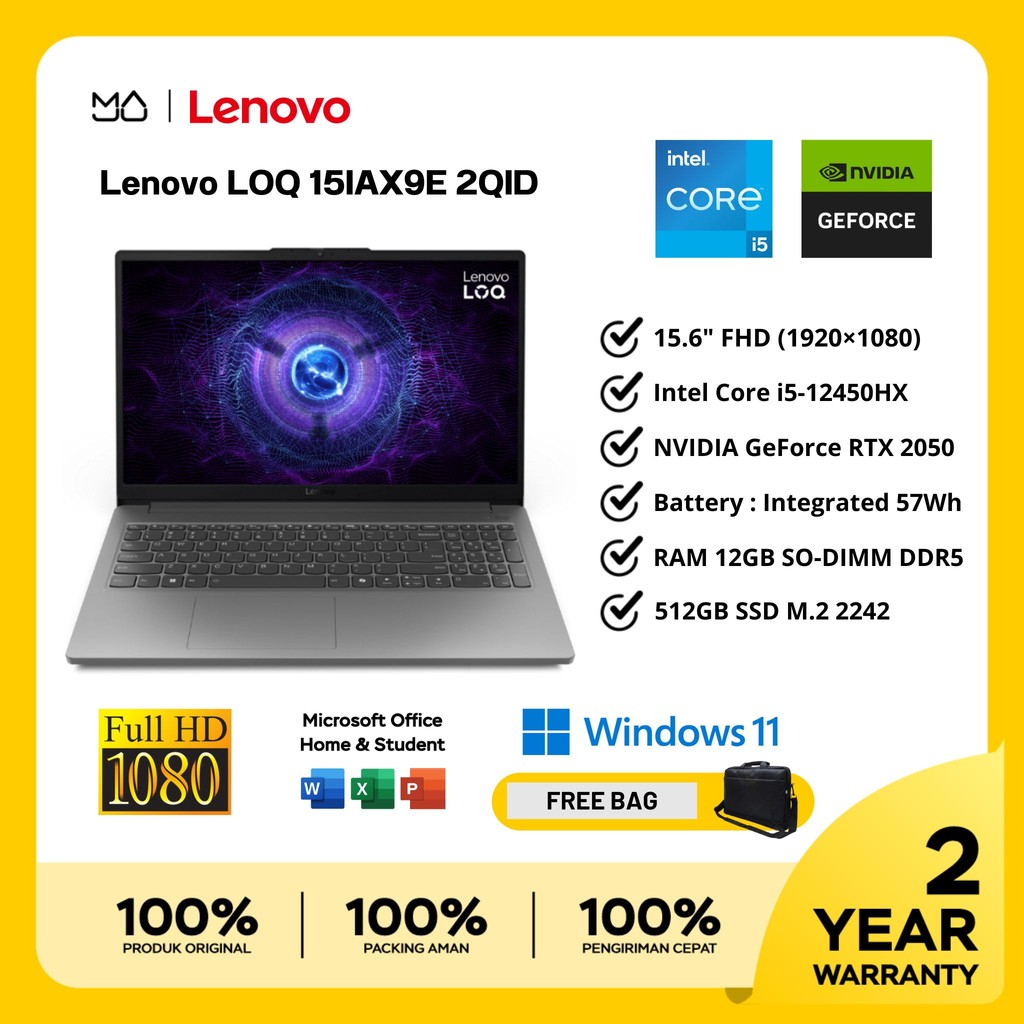 Laptop Lenovo LOQ 15IAX9E i5-12450HX 12GB SSD 512GB RTX2050