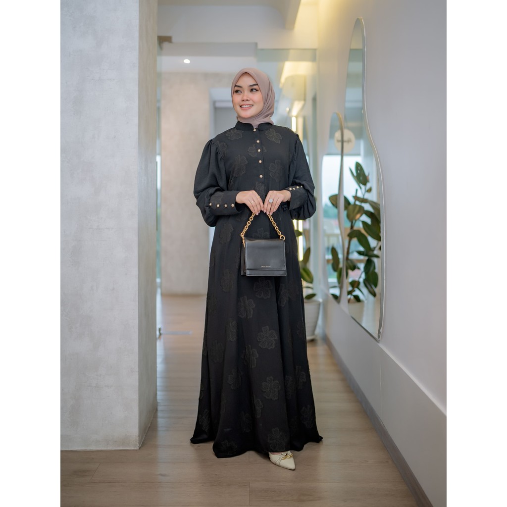 ZAZRA Gamis Alaya Linen Jaguar kombinasi Linen Crinkle premium yang Elegan dan Anggun Bunga Muslim