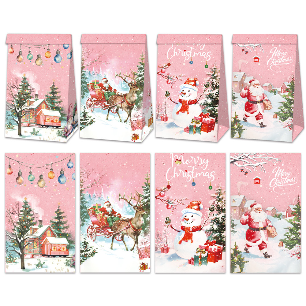 

12/24pcs Pink Vintage Christmas Gift Bags Santa Snowman Xmas Party Favor Bag Christmas Candy Cookie Packaging Pouch Supplies