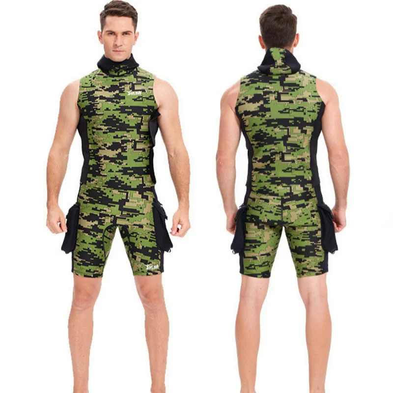 2MM Kamuflase Neoprene Wetsuit Pria Rompi Tanpa Lengan Berkerudung Baju Renang Wanita Wetsuit Pendek