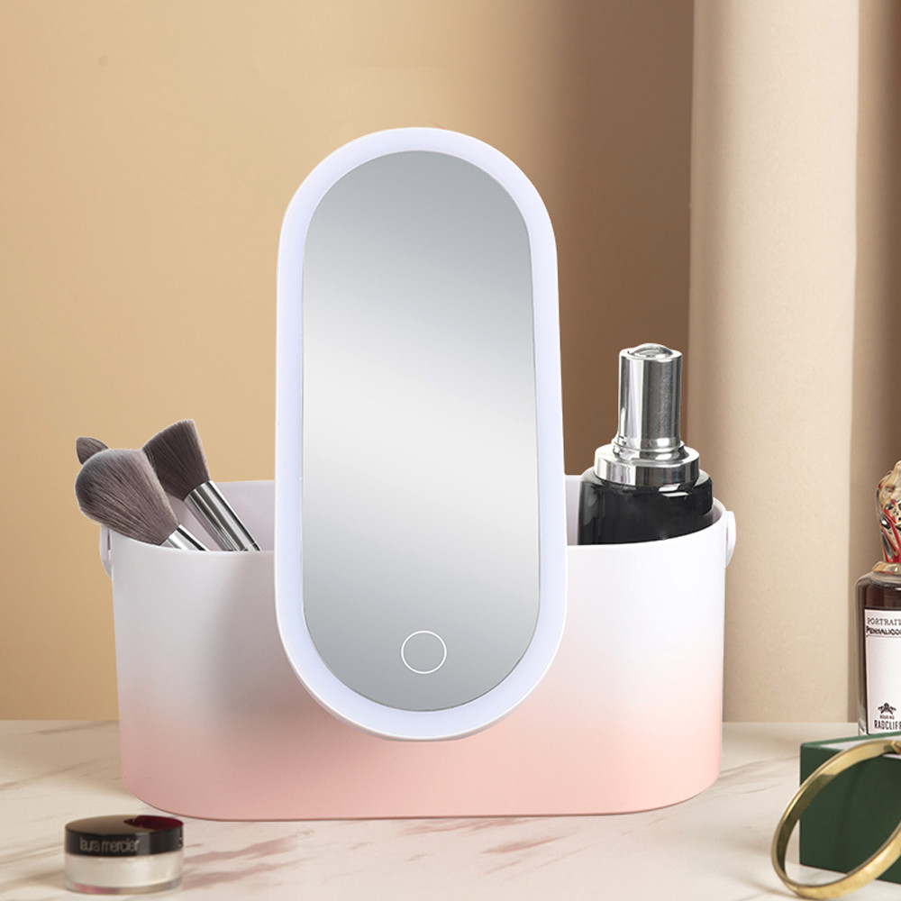 Lighted Makeup Vanity Mirror With Makeup Storage Case Rechargeable LED Light Desktop Makeup Mirror P