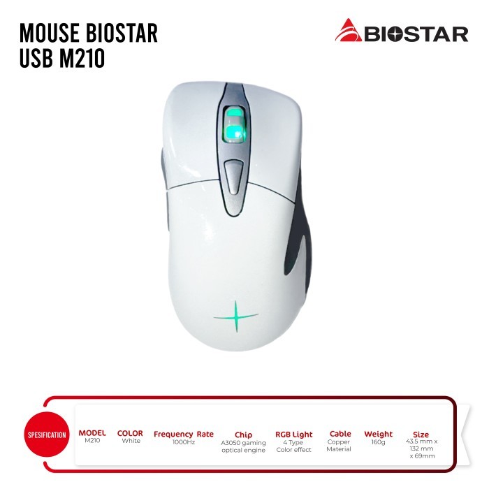 MOUSE BIOSTAR USB M210 COLOR WHITE  RGB LIGHT 4TYPE COLOR EFFECT