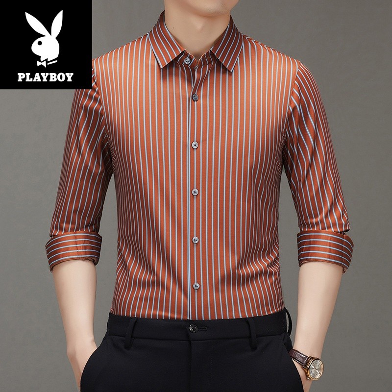 Playboy Kemeja Motif Garis Vertikal Sutra Murbei Flip Kasual Bisnis Usia Sedang dan Muda Pria Serbag