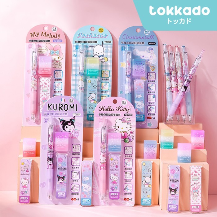 

TOKKADO Sanrio Tanaka Set Pensil Mekanik Cetek Isi Refill 0.5 mm Penghapus Karakter Original Lucu