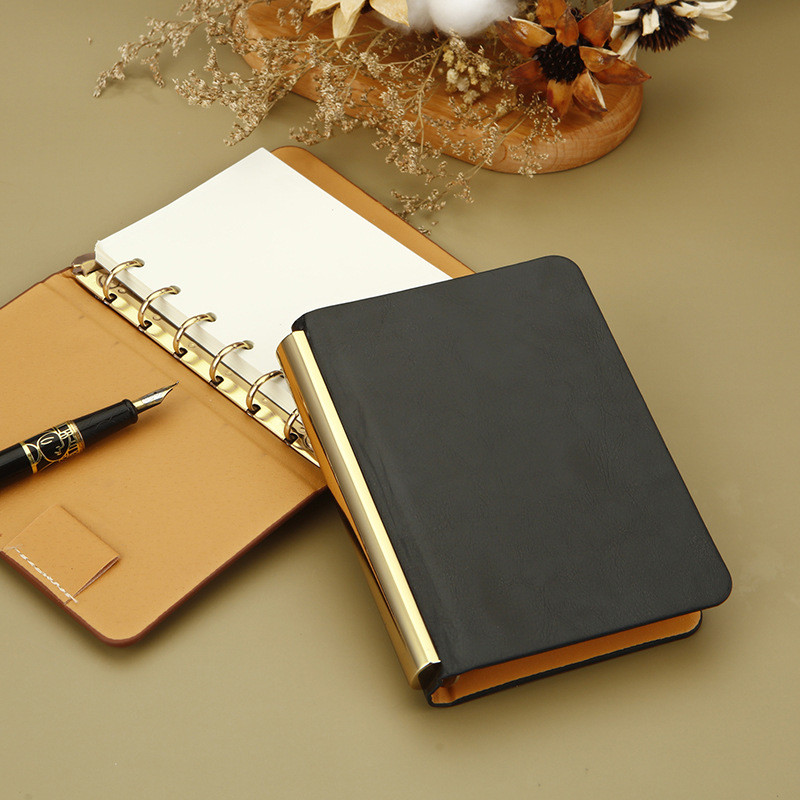 

A7 Gold Black Coffe PU Leather Binder 6 Ring Binder With 50Sheet Inner Clip-on Notebook Faux leather Loose Leaf Notebook
