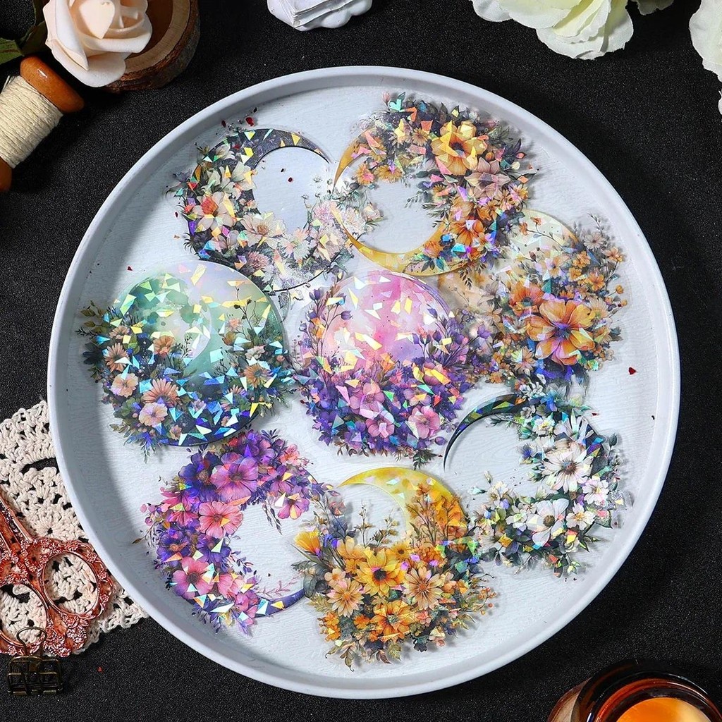 

10pcs/pack PET Moon Flowers Stickers Collage Scrapbooking Supplies Decor Junk Journal Stationery DIY Twinkle Stickers