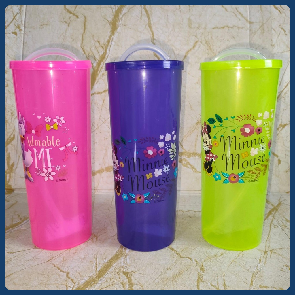 Gelas Minum Tutup + Sedotan Calista 450ml Souvenir Ulang Tahun Anak  Kuning Pink Ungu Plastik Bottle