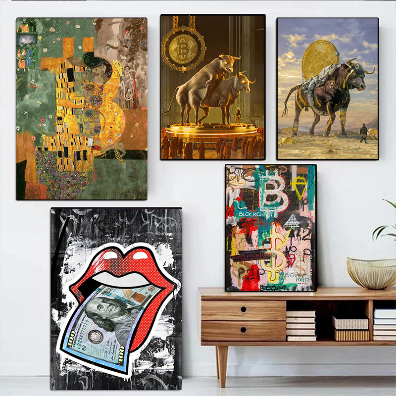Crypto Fiat Nft Bitcoin Kiss Klimt Graffiti Art Golden Bull Halving Ceremony ALPHA Poster and Print 