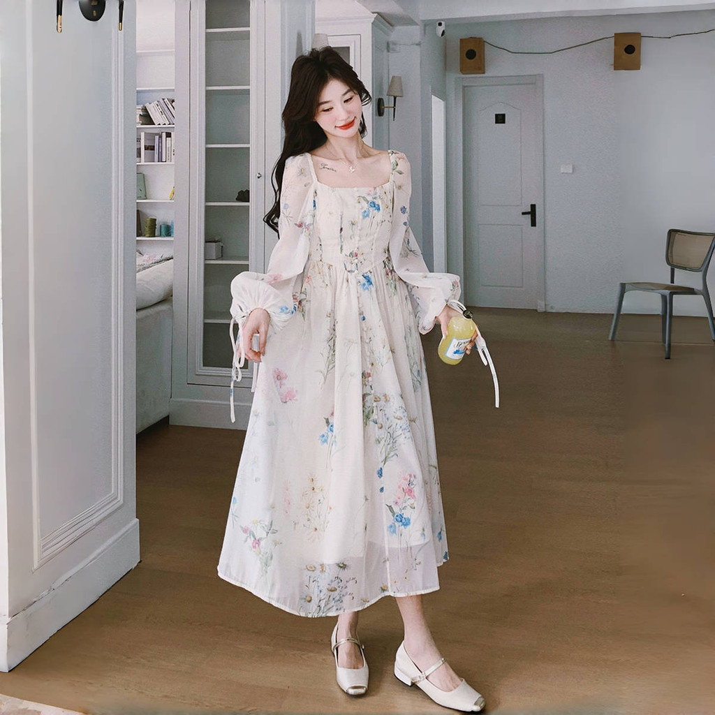 French Floral Long Dress Pesta - Square Neck Long Sleeve Fairy Dress Putih M649