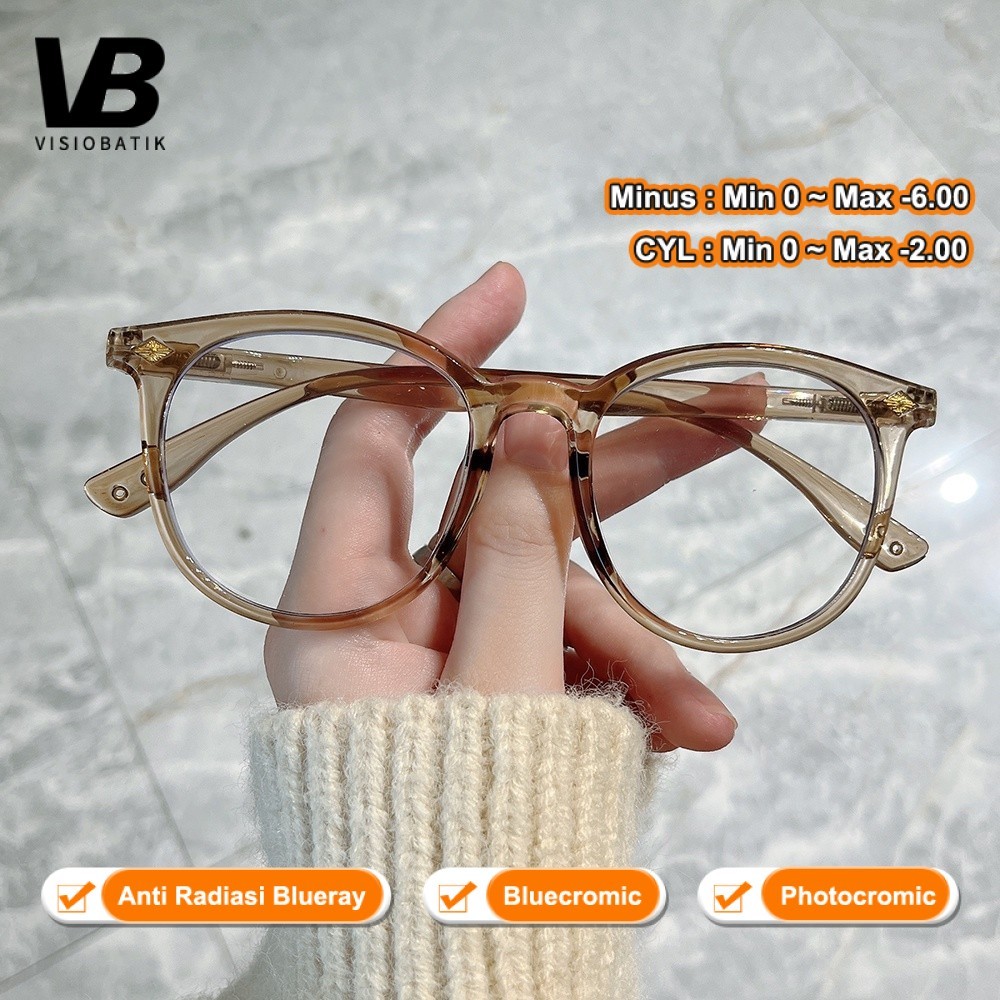 VisioBatik kacamata minus Anti Radiasi Blueray Round kacamata wanita minus 2 in 1 Bluecromic Photocr
