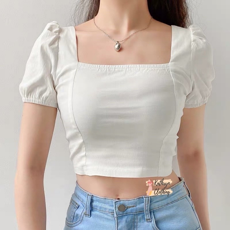 Kathryn Puff Sleeve Square Neck Crop Top 11284#