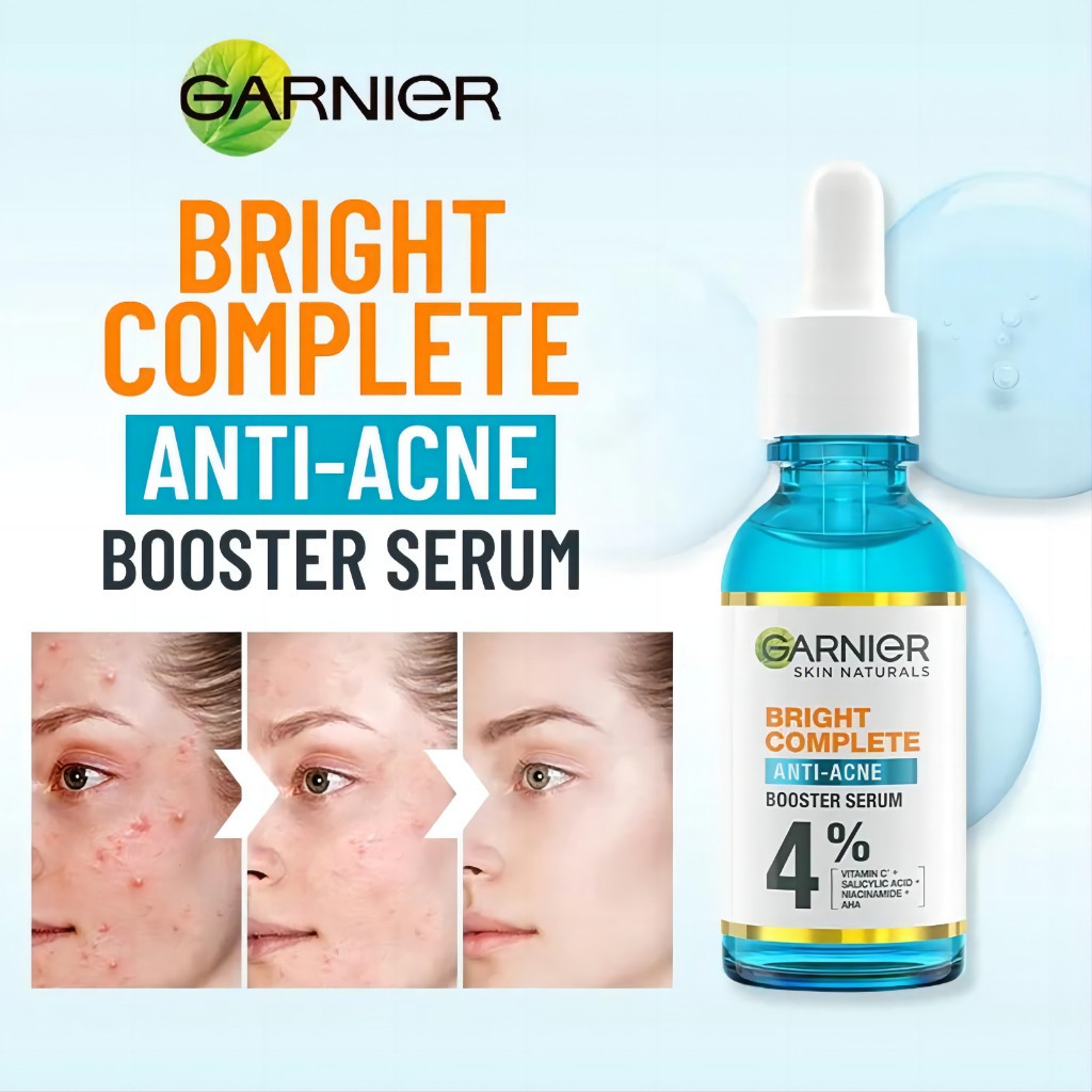 GARNIER Bright Complete Anti Acne Booster Serum 4% 30ml Vitamin C Serum Wajah Anti Jerawat