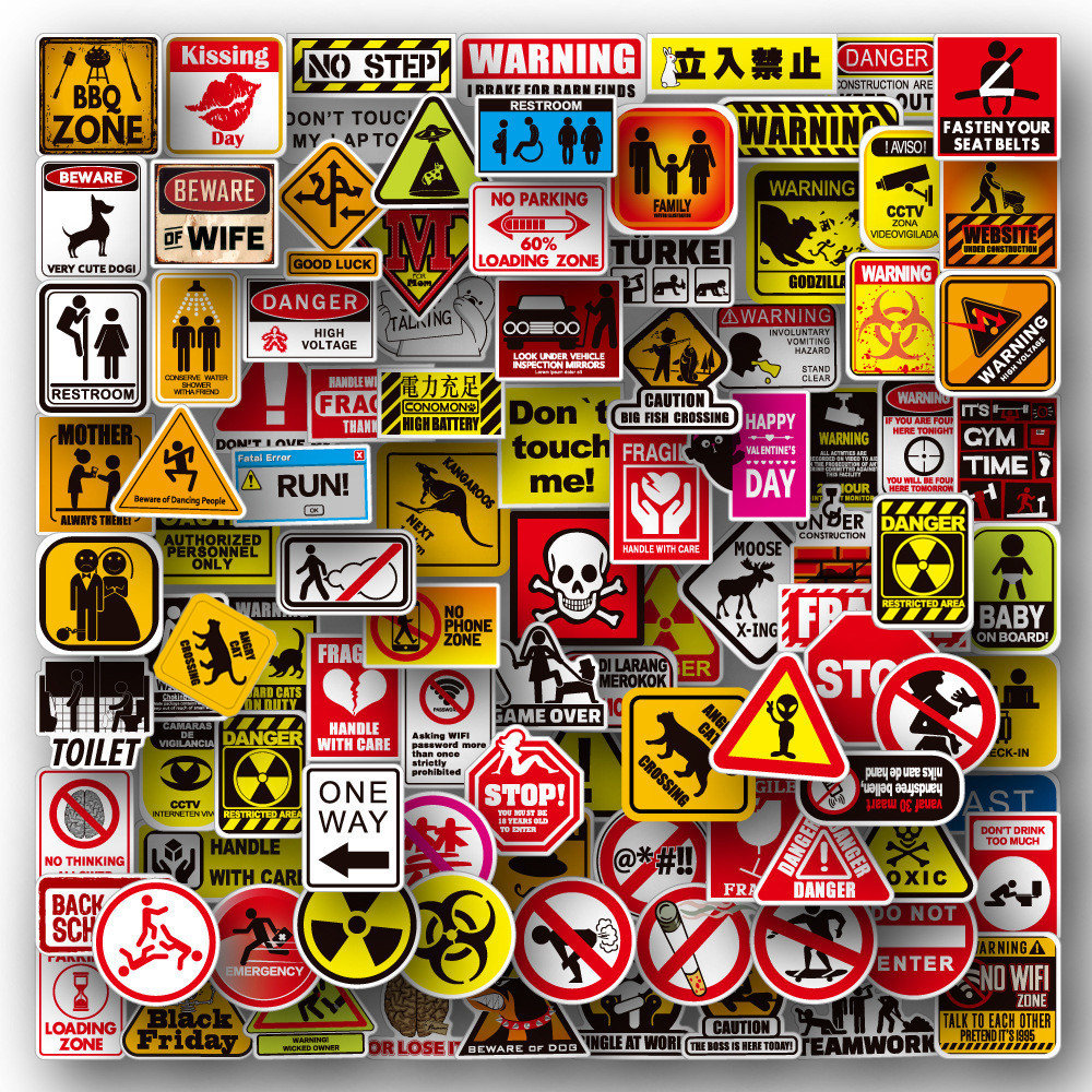 

Stiker peringatan kartun, 50/100 buah stiker peringatan berbahaya Banning Skateboard gitar Laptop sepeda motor mobil klasik mainan stiker keren