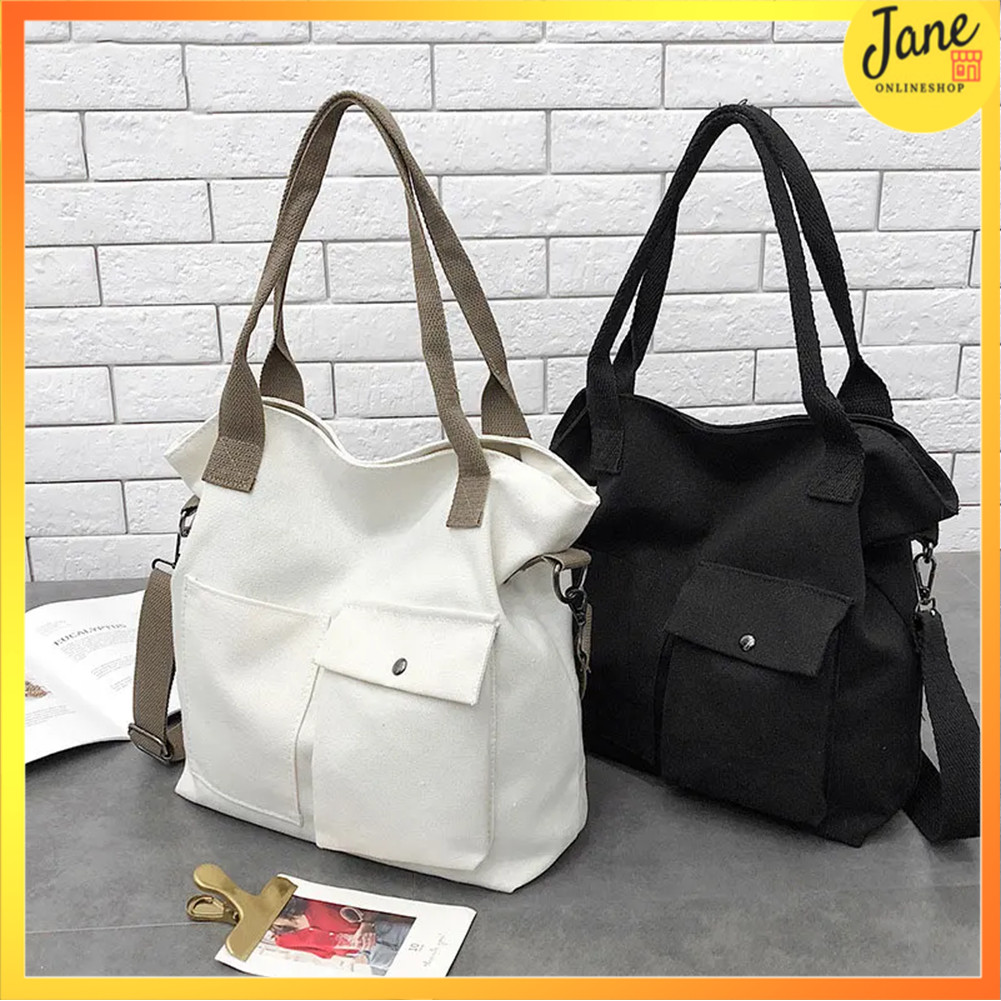 Tas Selempang Wanita Kanvas Polos Hitam Putih Elegan Sling Bag JCTS217