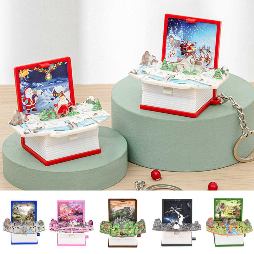 Funny Folding Book 3D Keyring Birthday Gift Fold Book Keychain 3D Dinosaur Castle Christmas Anxiety 