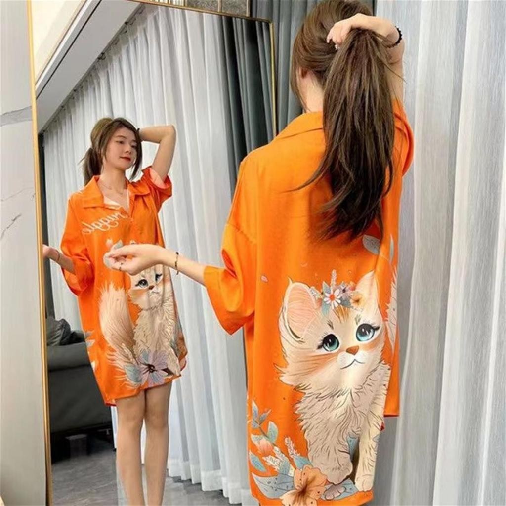 Gaun kemeja piyama sutra es pola kucing lucu wanita/dress tidur korea wanita jumbo sexy
