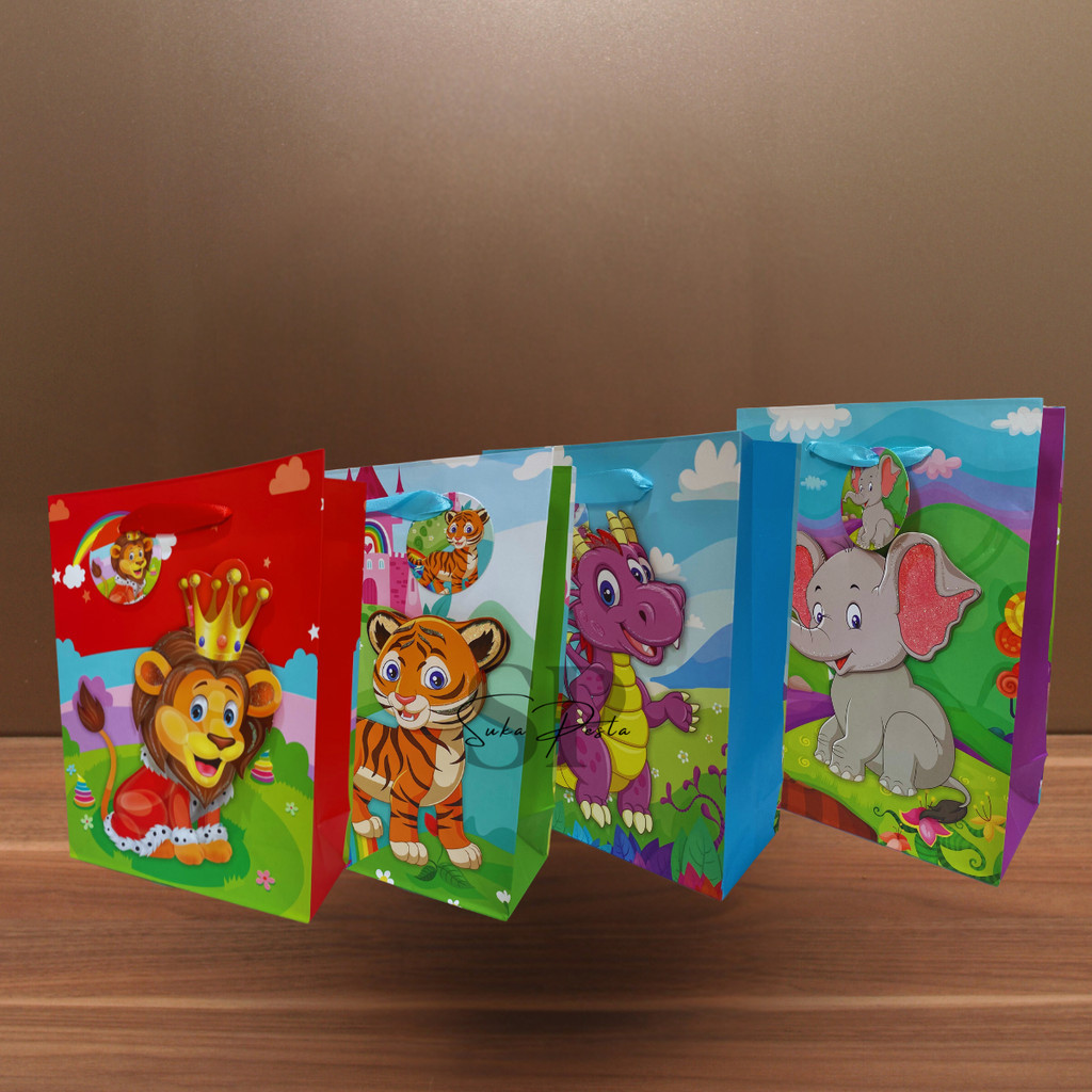 

Paper Bag Ultah Kado 3D Glitter Animal Jungle / Tas Kado Ultah Anak / Goodie Bag