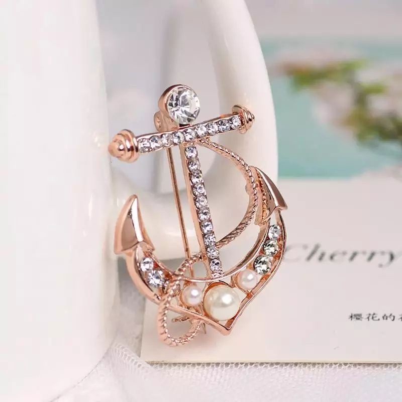 Bros Jangkar Kapal Hias Kristal Mutiara - Brooch Anchor - Pin Simple