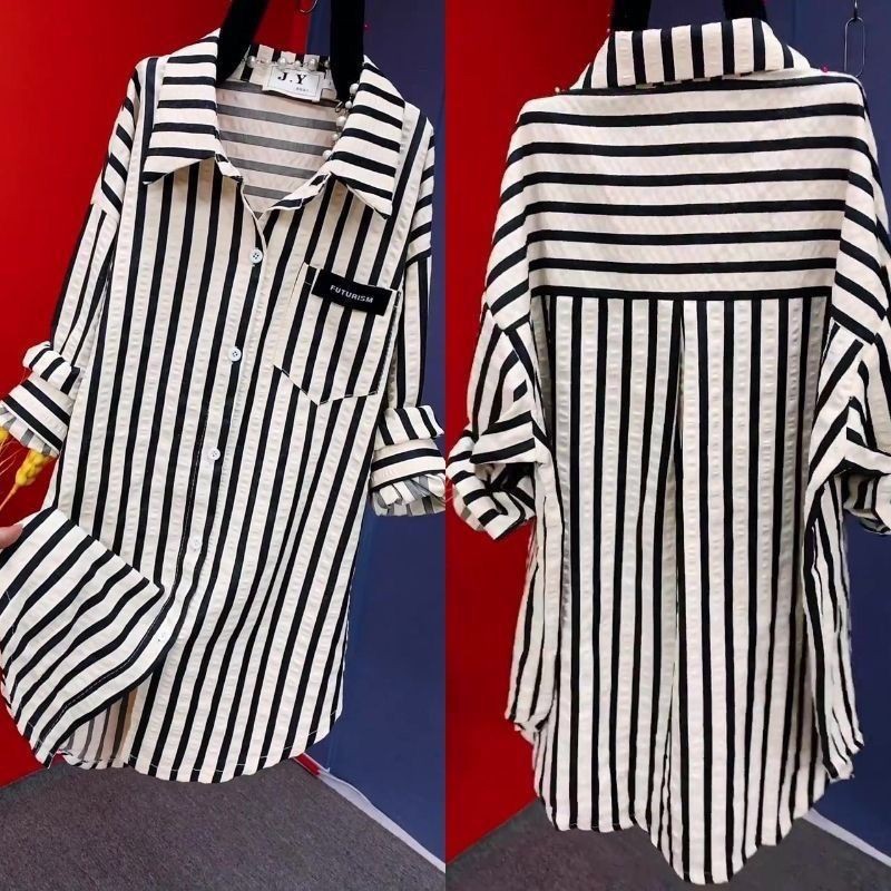 Women's new mid length simple commuting loose POLO collar versatile Western striped shirt