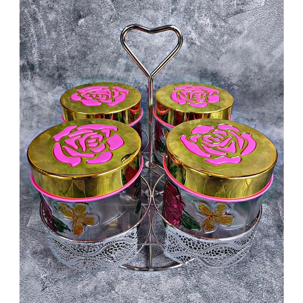 {COD} TOPLES KUE CANTIK SET ISI 4 KACA + KERANJANG SUSUN SILVER (TOPLES LEBARAN)// PRODUK MURAH PROM