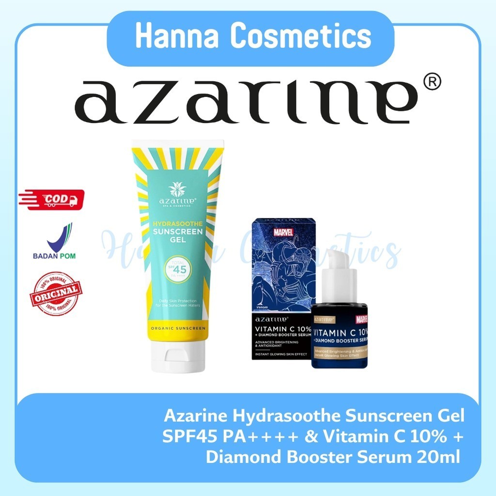 [ISI 2 PCS] Azarine Hydrasoothe Sunscreen Gel SPF45 PA++++ & Vitamin C 10% + Diamond Booster Serum 2