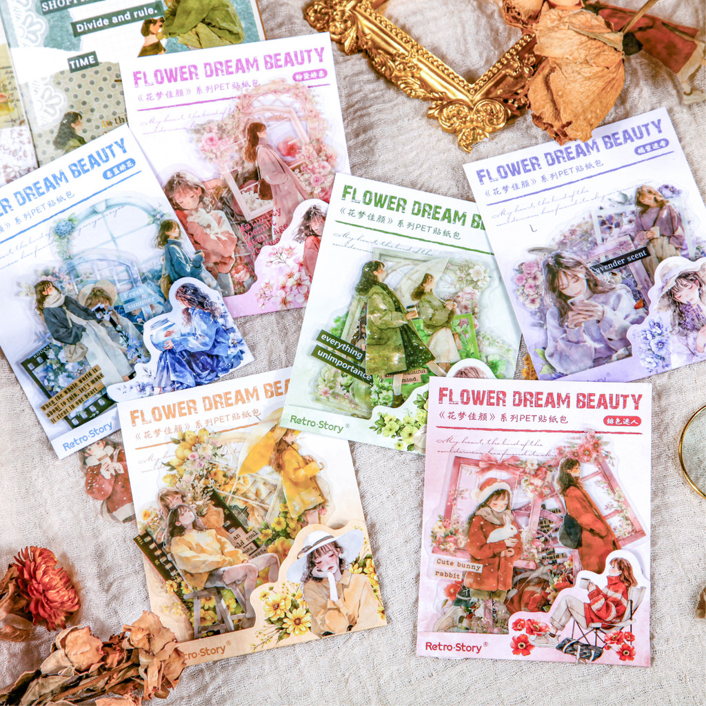 

20 pcs/pack Character Flower Stickers Scrapbook supplies PET Materials Art Collage Junk Journal Decor Sticker Office stationery