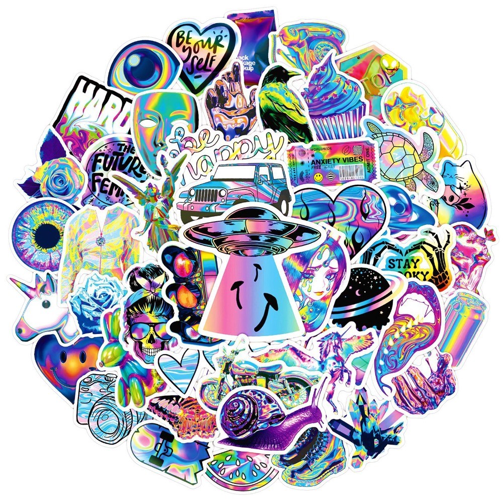 

10/50Pcs Cool Cartoon Laser Holographic Trippy Skull Stickers For Laptop Phone Guitar Luggage Diary Waterproof Graffiti Decals