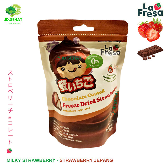 

Freeze Dried Strawberry LA FRESA Stroberi Kering Natural Varietas Jepang CHOCOLATE COATED 12 gram