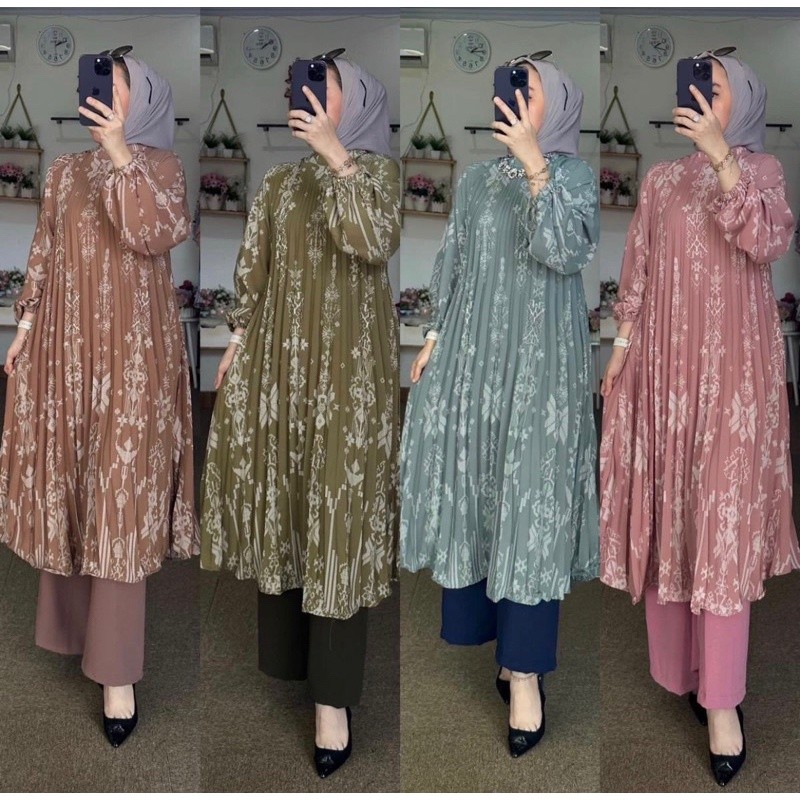 [SALE BESAR] NEW SET LONG PLISKET SILK SONGKET RAYA TERLARIS SETELAN TUNIK WANITA LENGAN PANJANG MID