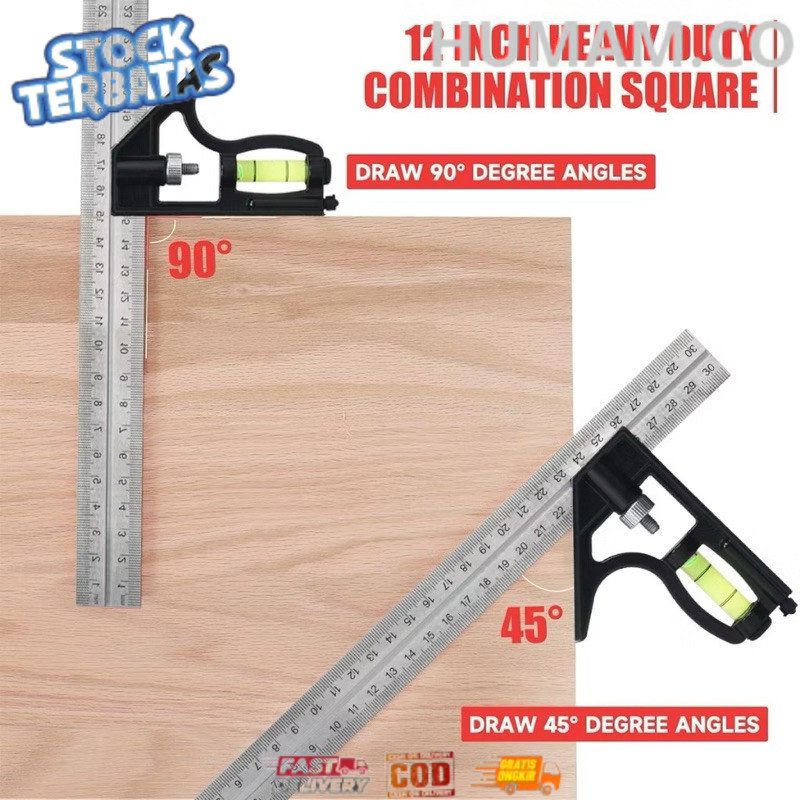 

TERLARIS - Penggaris Siku Tukang Multifungsi Penggaris Siku Waterpass Kombinasi Siku Tukang + Waterpass Combination Square Ruler 12-Inch Aluminum Combination Square with Bubble Level