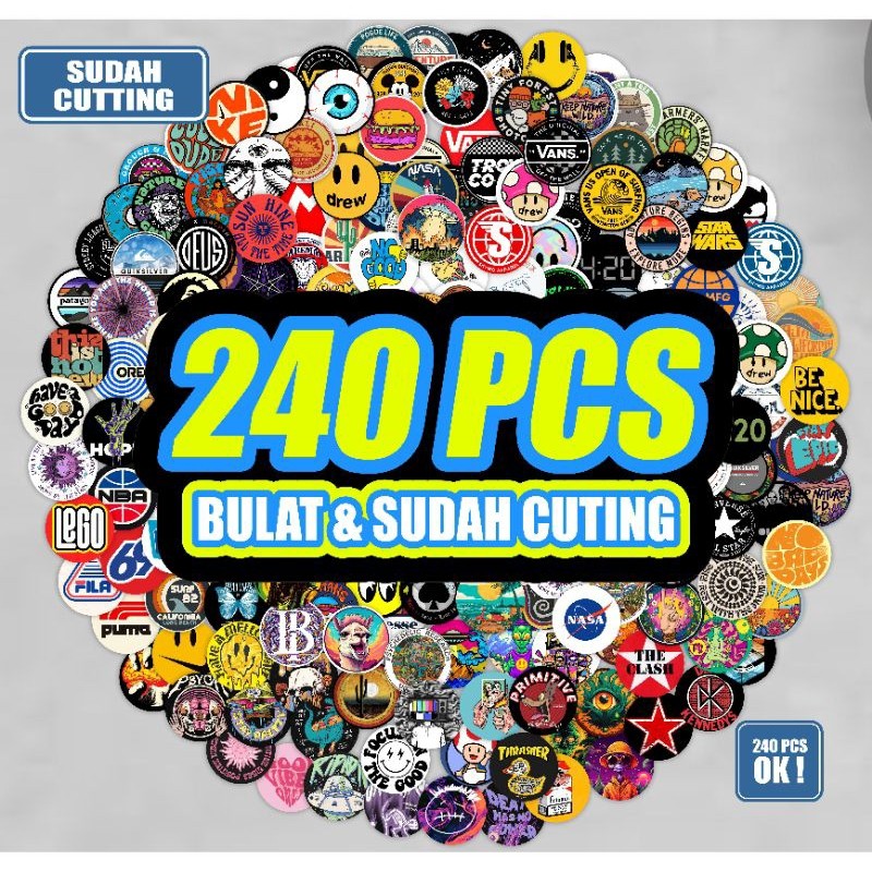 

Sticker brand bulat cutting isi 240pcs bahan vynil anti air waterproof