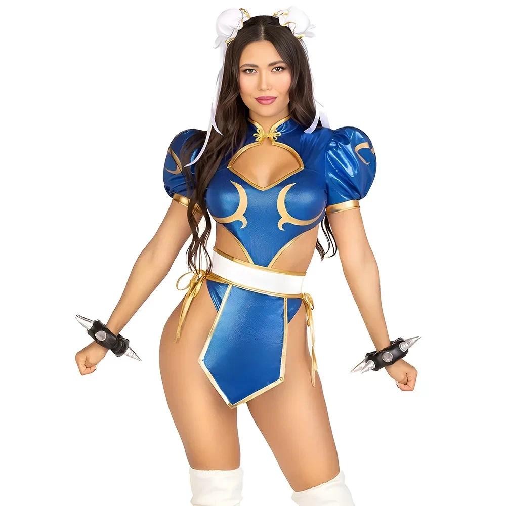 Game Street Chun Li Cosplay Costume Full Sets Tops Shorts Blue Uniform for Women Adult Halloween Car