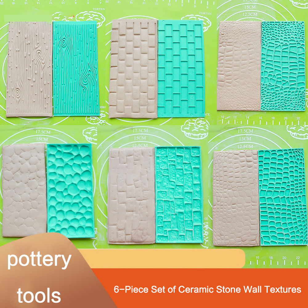 

6pcs Set Pottery Stone Wall Mold New Texture Bark Brick Wall Plastic Printing Mold Simulation Clay Texture Rubber mold