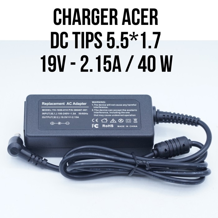 ACER 19V - 2.15A 40 Watt DC Tips Jek 5.5*1.7 Charger Adaptor Notebook Laptop with Power Cable Kabel 