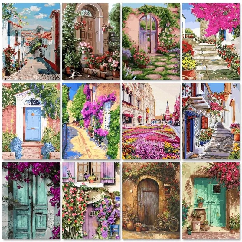

CHENISTORY DIY Framed Oil Picture By Numbers HandPainted Blue Door With Flower Acrylic Paint Color On Canvas Home Wall Painting