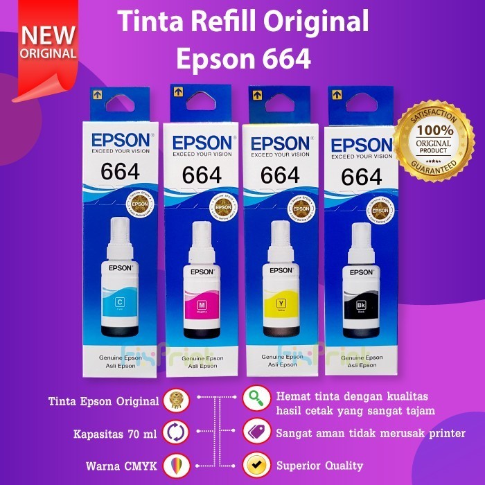 PAKET CMYK TINTA 664 T664 EPSON BLACK CYAN MAGENTA YELLOW L121 L120