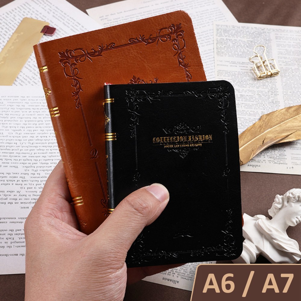 

A6/A7 Vintage Gold Printed Notebook Compact Portable Pocket Hard Cover PU Leather Note Book School Supplies Office Diary Book